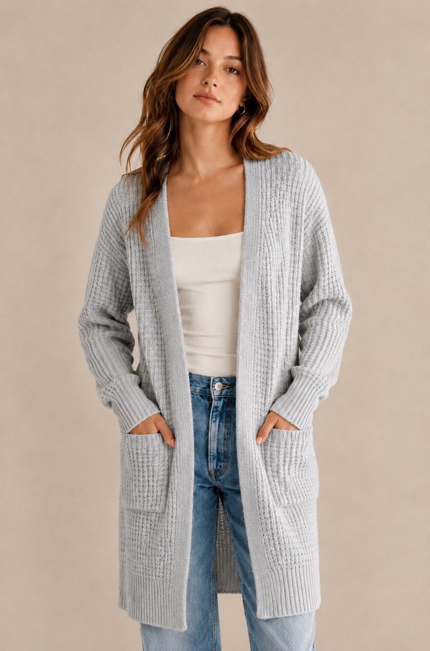 Abercrombie & Fitch Long Open-Front Waffle Knit Cardigan Sweater - Picture 1 of 8